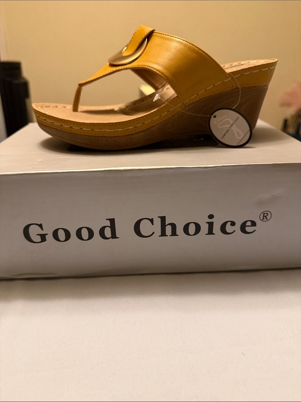 Good Chic Mustard Wedge Thong Sandals with Decorative Buckle
